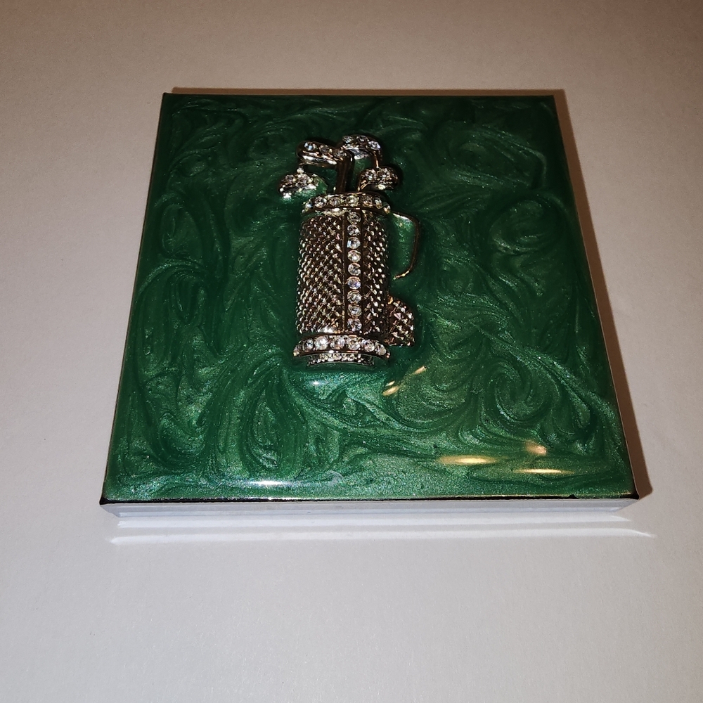 Golf Bag w/Sequins 2.5" Square Mirror Compact or Pill Box 1 Side Magnifies